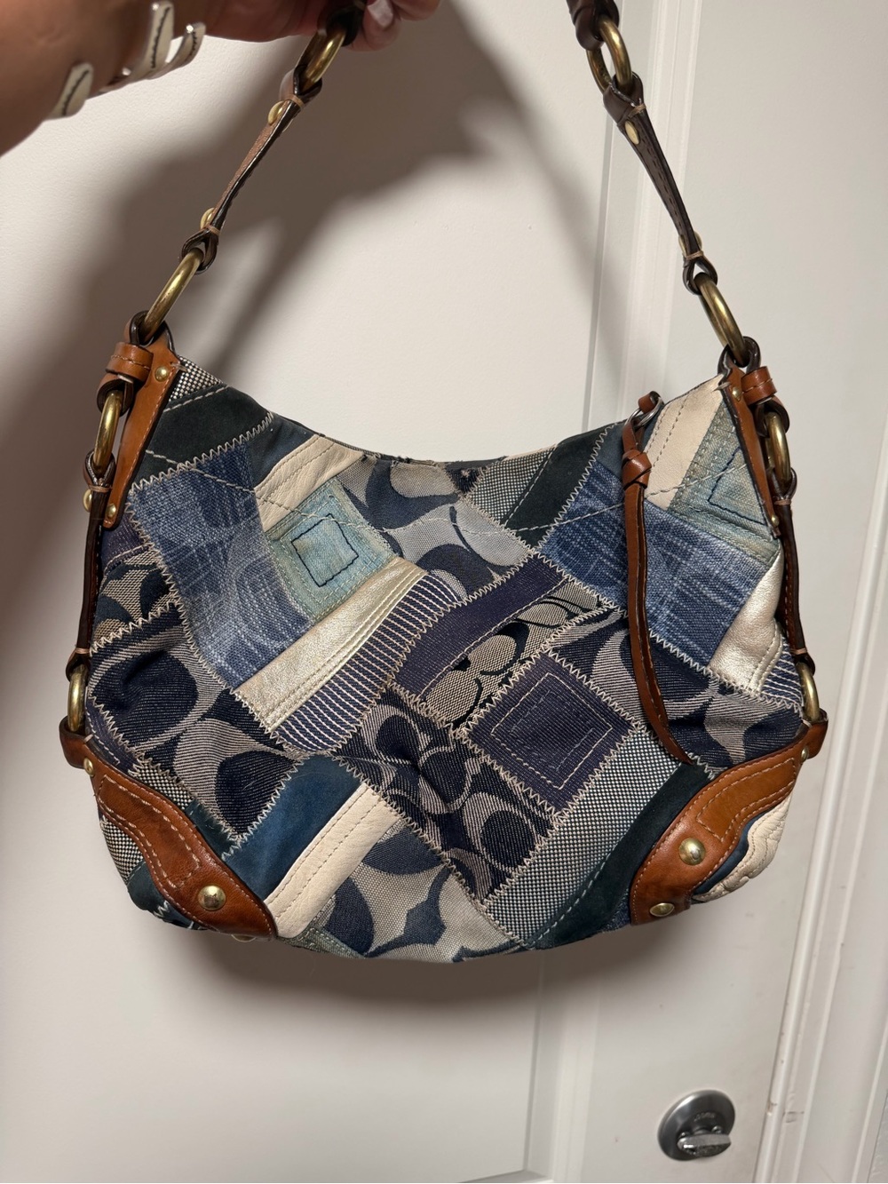 Coach Carly Denim Patchwork Hobo Bag.